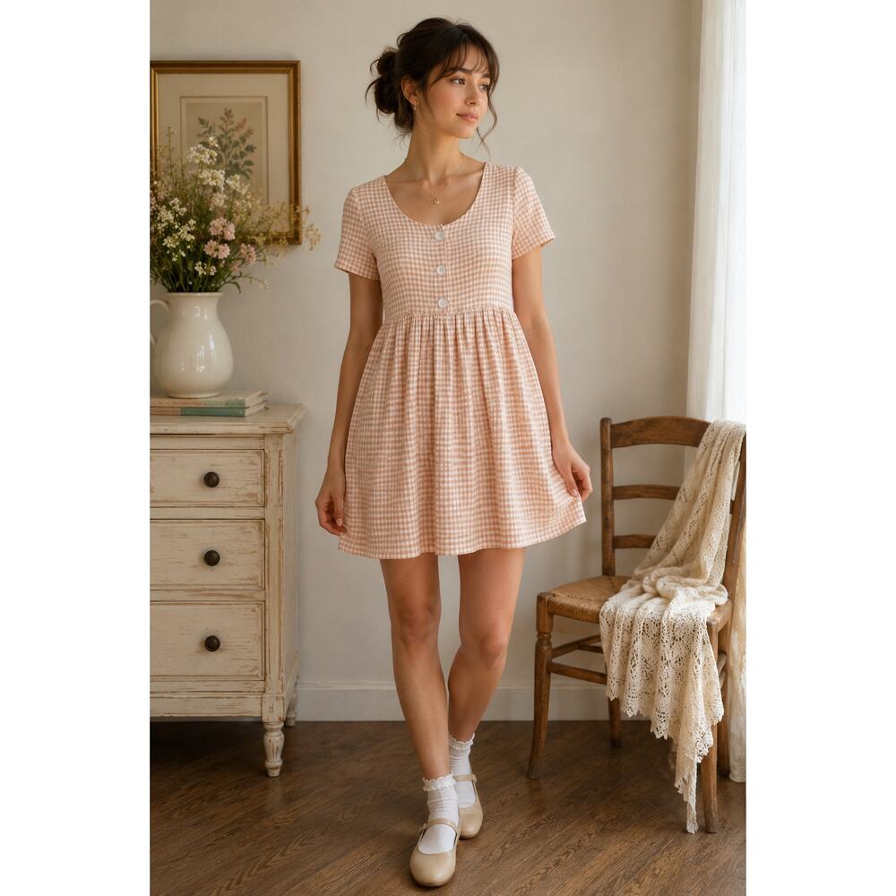 Vintage Expo Peach Gingham Crepe Babydoll Mini Dress 90s Cottagecore